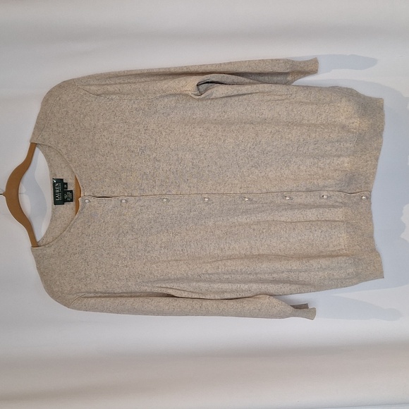 Lauren Ralph Lauren Cream/Gray Cardigan, Pearl Buttons, Silk Cashmere Blend - Picture 2 of 9